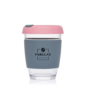 Чашка Fabulas Glass+Silicone з Кришкою Рожево-Сіра 340мл