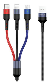 Плетений кабель Usams 3 в 1 USB - USB Type-C + Micro-USB + Lightning швидка зарядка 0.35 м (6958444984308)