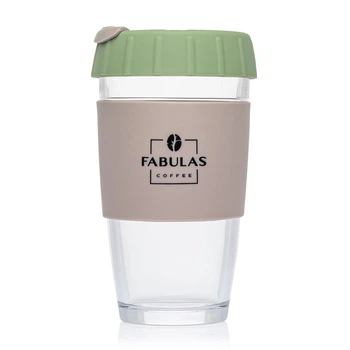 Чашка Fabulas Glass+Silicone з Кришкою Ребро Зелено-Сіра 450мл