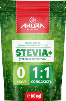 Дієтична добавка Akura Солодкий екстракт з листя стевії Stevia+ 100 г (4820178463997)