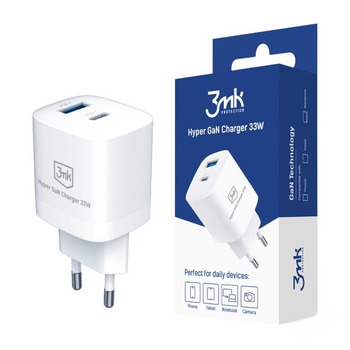 Мережевий зарядний пристрій 3MK Hyper GaN Charger 33 W 1 x USB-A + 1 x USB Type-C Power Delivery (5903108483049)