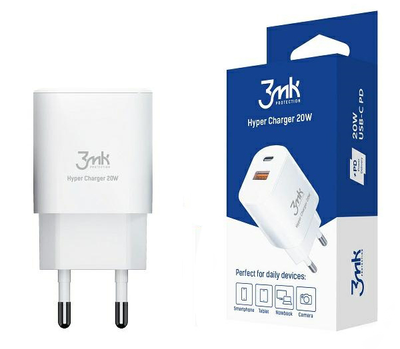 Мережевий зарядний пристрій 3MK Hyper GaN Charger 20 W 1 x USB Type-C + 1 x USB-A PD/QC (5903108447003)