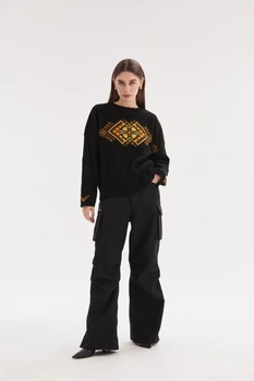 Джемпер oversize MEREZHKA Етно чорний з жовтим + помаранчевим, One Size