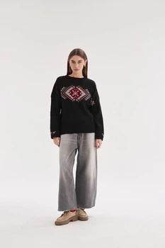 Джемпер oversize MEREZHKA Етно чорний з білим + червоним, One Size