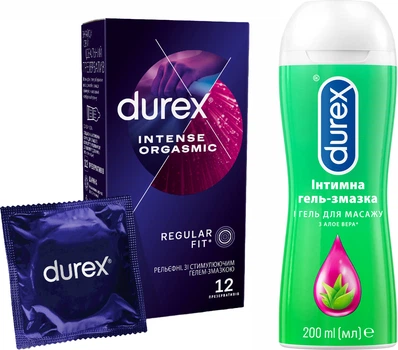 Презервативи латексні зі змазкою Durex № 12 Intense Orgasmic + Інтимний гель-змазка Play Aloe Vera 200 мл (5052197056037/5038483962657/4820108005310)
