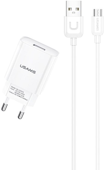 Мережевий зарядний пристрій Usams T21 USB 2.1 A Fast Charging White + кабель USB - microUSB 1 м White (6958444969923)