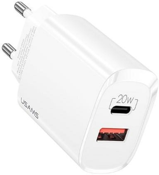 Мережевий зарядний пристрій Usams US-CC121 T35 USB-C+USB 20W PD 3.0 QC3.0 Fast Charging White (6958444929323)
