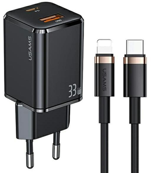 Ładowarka sieciowa Usams US-CC144 T43 USB-C+USB 33W PD3.0 QC3.0 Fast Charging czarna + kabel U63 USB-C - Lightning 1.2 m czarny (6958444977379)