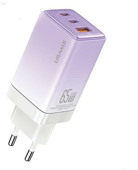 Мережевий зарядний пристрій Usams US-CC180 Sandru 2xUSB-C+USB 65W GaN PD 3.0 QC3.0 Fast Charging Fiolet-White (6958444905181)