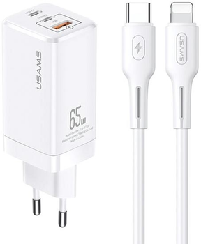 Мережевий зарядний пристрій Usams T33 2xUSB-C+USB 65W GaN PD Fast Charging White + кабель USB-C - Lightning 30W White (6958444927381)