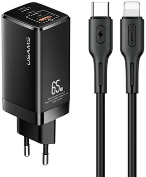 Мережевий зарядний пристрій Usams T33 2xUSB-C+USB 65W GaN PD Fast Charging Black + кабель USB-C - Lightning 30W Black (6958444927374)