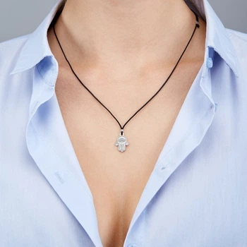 Срібне кольє Family Tree Jewelry Line на чорному шнурку з підвіскою амулет Хамса
