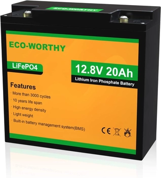 Аккумулятор Eco Worthy LiFePO4 12V 20Ah (256Wh), 3000+ циклов