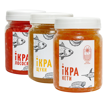 Набор с трех видов икорного продукту Кета Лосось Щука 0,25+0,25+0,25