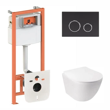 Комплект: Qtap Jay Ultra Quiet унитаз подвесной QT07335177W + Nest комплект инсталляции 4в1 (круглая клавиша Black mat) QT0133M425 + M11V1146MB