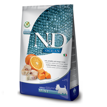 Фармина сухой корм для собак N&D GRAIN FREE OCEAN COD, PUMPKIN & ORANGE ADULT MINI с треской, тыквой и апельсином, 2,5 кг