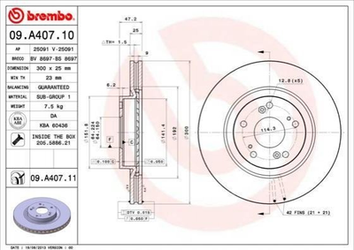 Тормозные диски BREMBO 09A40710 Honda CR-V, Civic 45251S9AE50, 45251SCAE50, 45251SMTE00