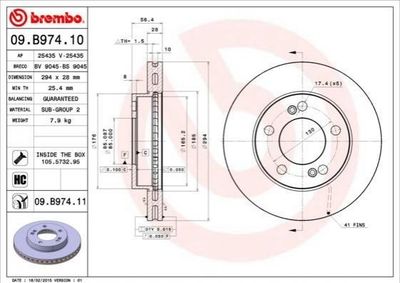 Тормозные диски BREMBO 09.B974.11 SsangYong Rexton, Kyron, Actyon 4144109110, 4144109100, 4144109000