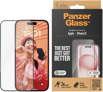 Захисне скло Panzer Glass Ultra-Wide Fit + EasyAligner для Apple iPhone 15 антибактеріальне Black (5711724028090)