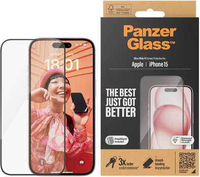 Szkło hartowane Panzer Glass Ultra-Wide Fit + EasyAligner do Apple iPhone 15 antybakteryjne Black (5711724028090)