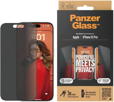 Szkło hartowane Panzer Glass Ultra-Wide Fit Privacy do Apple iPhone 15 Pro Black (5711724128103)