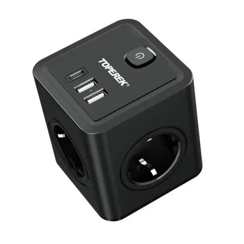 Мережевий фільтр трійник з Type-C та USB Toperek на 4 розетки чорний (005616)