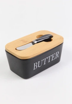 Масляна керамічна з бамбуковою кришкою та ножем для олії "Butter" Чорна 16,5х9,5 см (00000010467)
