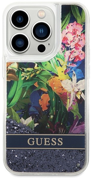 Etui plecki Guess Flower Liquid Glitter do Apple iPhone 14 Pro Max Blue (3666339066116)