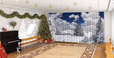 Новогодние Фото Шторы в детский сад PHOTODECOR "Заснеженная зима с облаками"