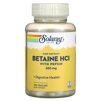 Solaray Бетаїн гідрохлорид із пепсином, High Potency Betain HCl with Pepsin 650 мг - 100 капсул (076280048148)
