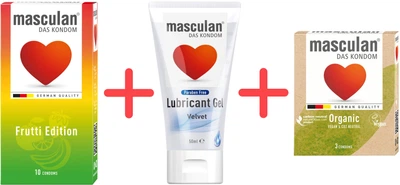 Презервативи Masculan Frutti Edition 10 шт + Інтимний гель-змазка Masculan Вельвет 50 мл + Презервативи Masculan Organic 3 шт (4019042001100/4019042050108/4019042700140)