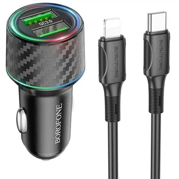 Зарядне автомобільне BOROFONE BZ21 PD30W+QC3.0 (1Type-C/1USB/3A) + кабель Type-C - Lightning Чорний
