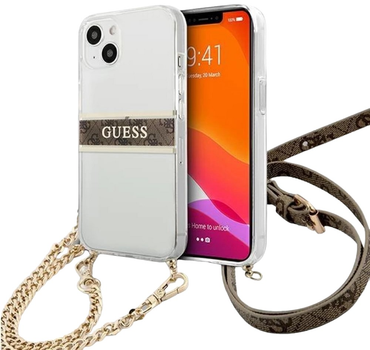 Etui plecki Guess 4G Brown Strap Gold Chain do Apple iPhone 13 mini Transparent (3666339023317)