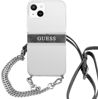 Etui plecki Guess 4G Grey Strap Silver Chain do Apple iPhone 13 mini Transparent (3666339023270)