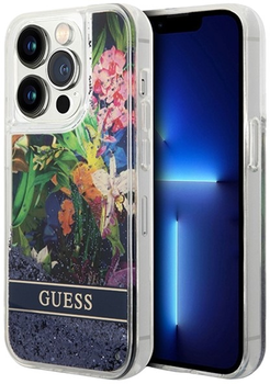 Etui plecki Guess Flower Liquid Glitter do Apple iPhone 14 Pro Blue (3666339066109)