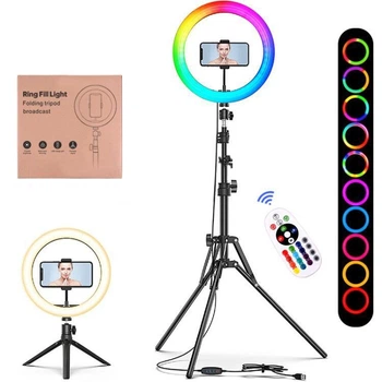 Кольцевая светодиодная цветная лампа RGB LED 26 см с пультом + 160 см стойка + настольная стойка (sv2672-21)
