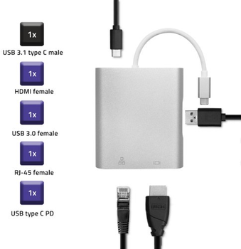 Adapter Qoltec USB Typ-C - HDMI A/USB A/RJ45/USB Type-C 4 w 1 PD srebrzysty (5901878504094)