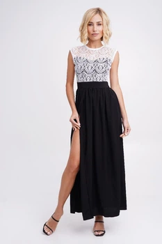 Длинное вечернее платье с кружевом на и разрезом на ноге Подіум 28005-BLACK/WHITE S Черный