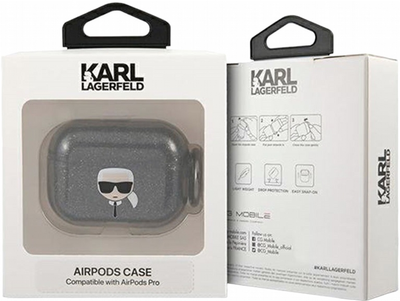 Etui CG Mobile Karl Lagerfeld Glitter Karl`s Head KLAPUKHGK do AirPods Pro Czarny (3666339030261)
