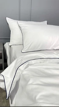 Постельное бельё сатин с кантом Premium MLS Полуторный комплект 160*220/70*70 белое / кант синий