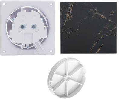 Комплект Витяжний вентилятор AirRoxy dRim 100 S BB + Панель скляна AIRROXY 01-186 MARBLE BLACK GOLD Glass чорна глянець + Зворотний клапан AIRROXY 100 мм 07-200