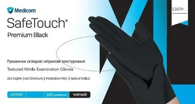 Рукавички нітрилові неопудрені Medicom Safe Touch Premium Black Чорні р.М (100 шт)