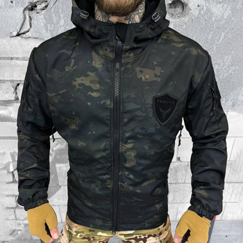 Демисезонная мужская Куртка Softshell на флисе с капюшоном и липучками под шевроны черный мультикам размер L