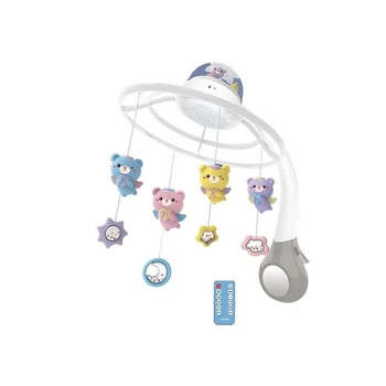Музыкальный мобиль на аккумуляторе Baby Bell Teddy Bear 3 в 1 с ночником, проектором и пультом управления Мишки на кольцах серый