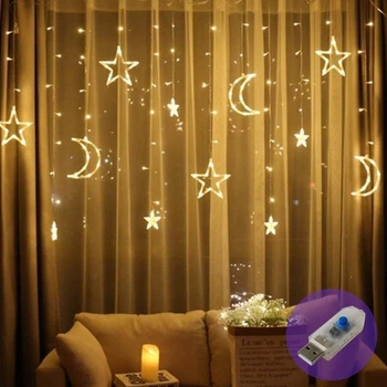 Гірлянда-бахрома штора Зірки та Місяць 12 ниток 120LED 3м*1м на батарейках+USB теплий білий 1000-XR-5-G