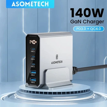 Мережевий зарядний пристрій Asometech 140W (2 USB + 3 Type-C) з дисплеєм