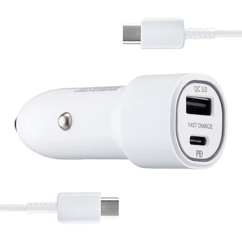 АЗУ Samsung Dual Port Car Charger USB + Type-C Port 25W With Cabble Type-C to Type-C White
