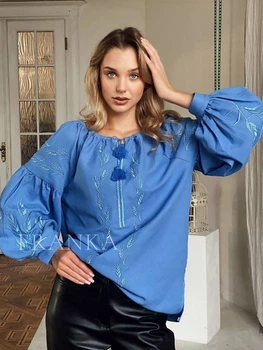 Блакитна жіноча вишиванка з колосками "Уляна" блуза бохо на льняній тканині 12409-48 (L)