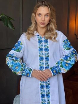 Українська вишиванка жіноча біла "Ксенія" вишита блуза квіткова на тканині льон-віскоза 12399-48 (L)