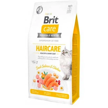 Сухий беззерновий корм для дорослих котів усіх порід Brit Care Cat Haircare Healthy & Shiny Coat з лососем і куркою 7 кг